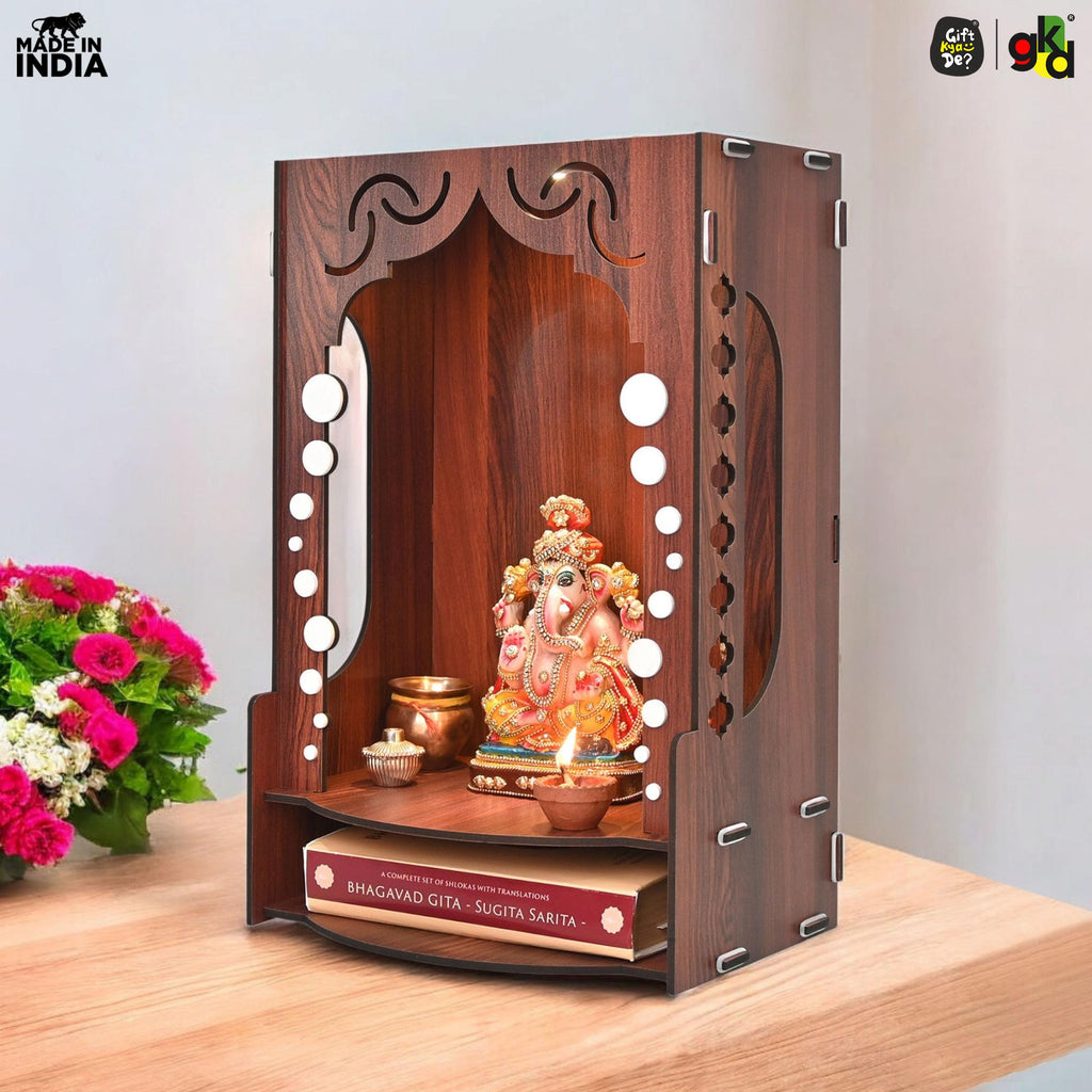 Gift Kya De Wooden Temple for Home Wall Mounted | LED Light Compact Pooja Mandir for Office, Flat, Living Room | Minimal Design Pooja Stand (DIY- H-16 x L-10 x W-7 Inch) (Modern Glow)