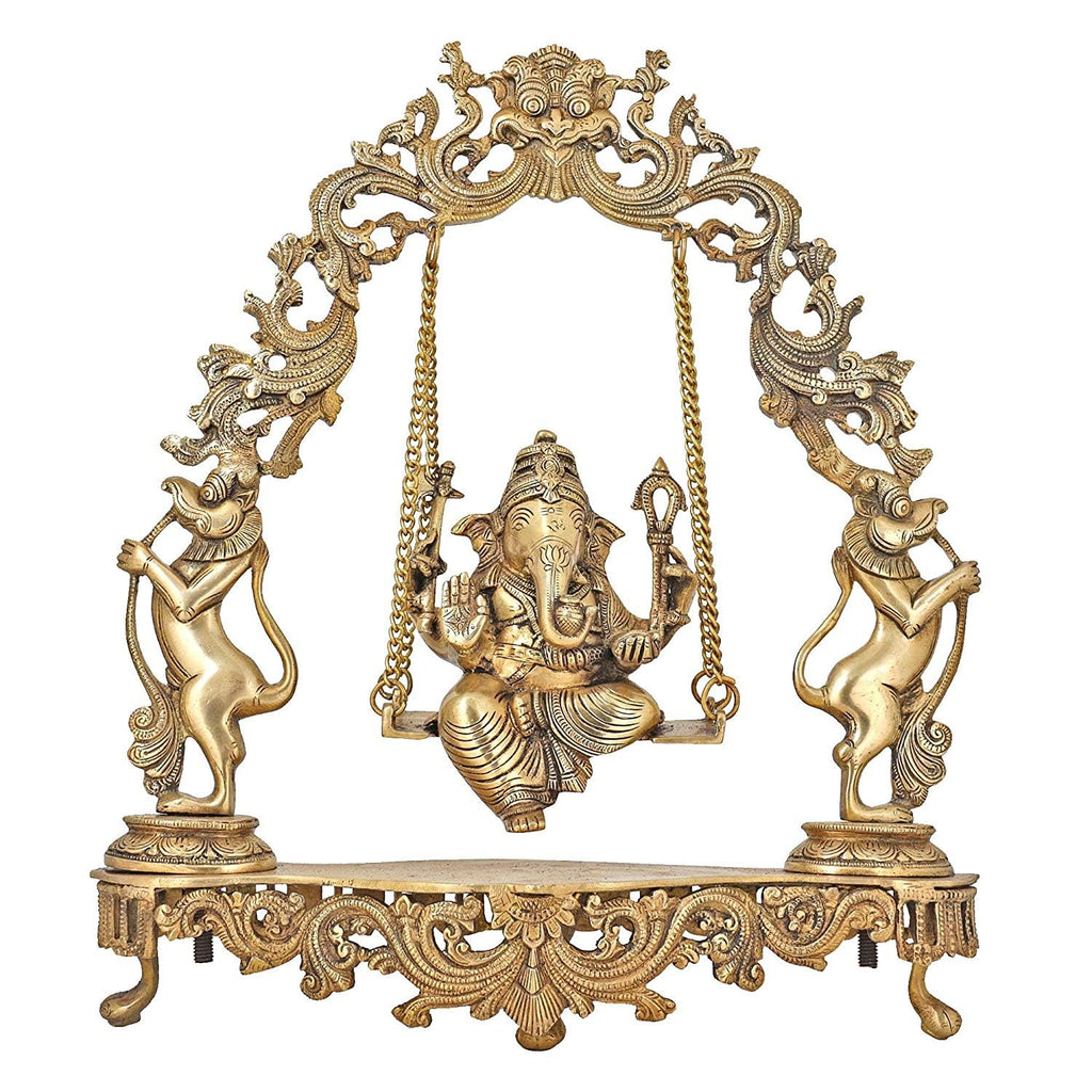 SVARUP Brass Ganesha On Jhoola Swing Showpiece, Beautiful Handcrafted Brass Ganesh Statue 18 Inch