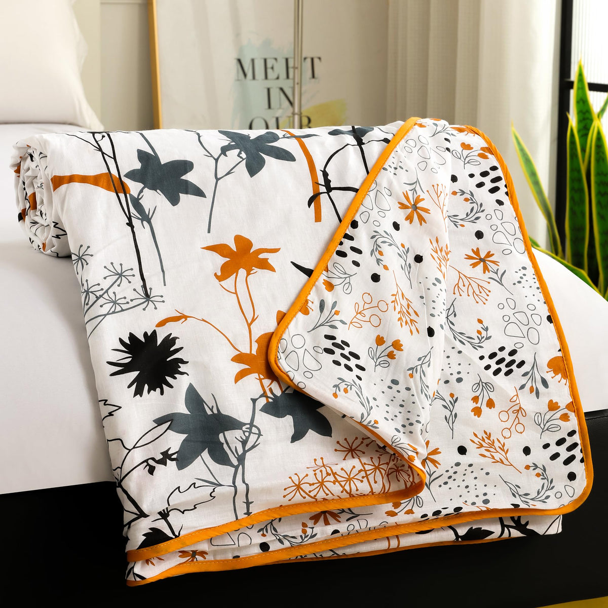 Story@Home Dohar Single Bed 100% Cotton AC Blanket for Summer|144x 220CM, 150GSM Ac Comforter |White & Yellow Floral Pattern Reversible Duvet Quilt, All-Season Blanket Kafalo