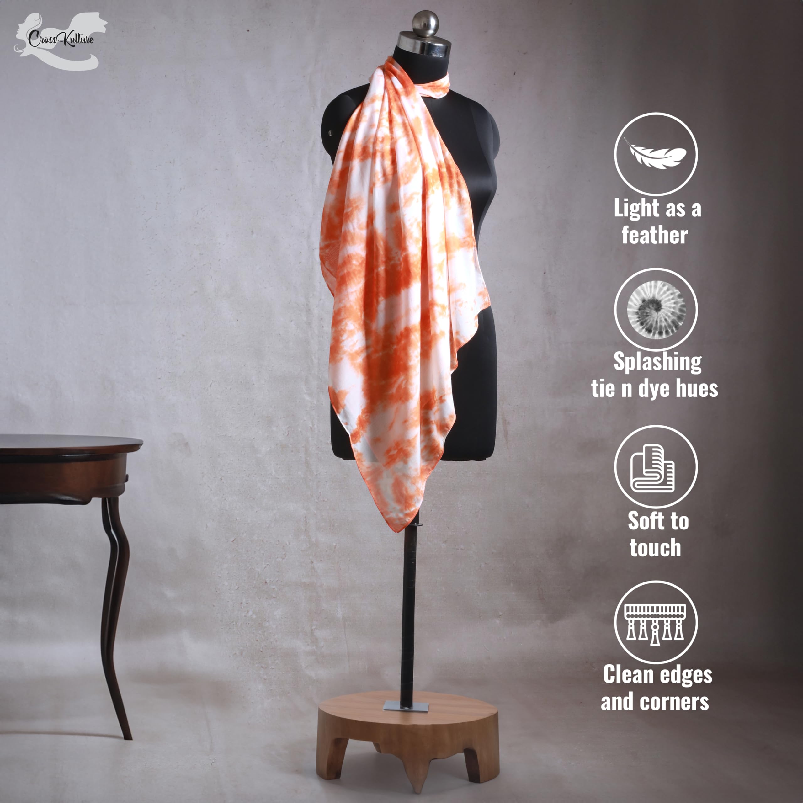 CrossKulture White & Orange Polycotton Scarf for Women | Lightweight & Long | Stylish Stole Splash Design | Neck Scarf, Hair Scarf, & Head Scarf for Girls | All Season Accessory