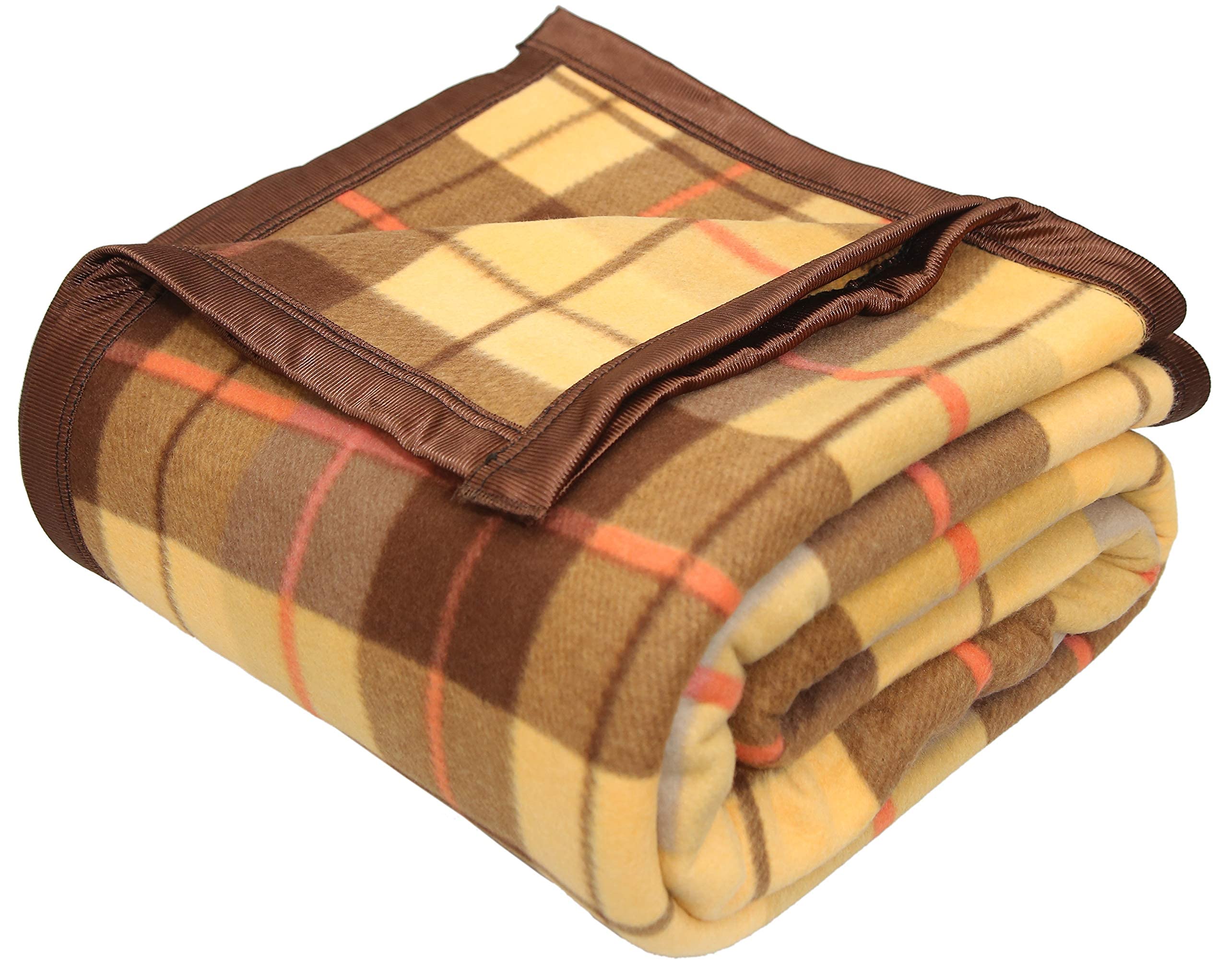 Goyal's Modern Check All Season Polar Fleece Single Bed Blanket, 60X90 Inches - Golden Brown, 300 TC Kafalo