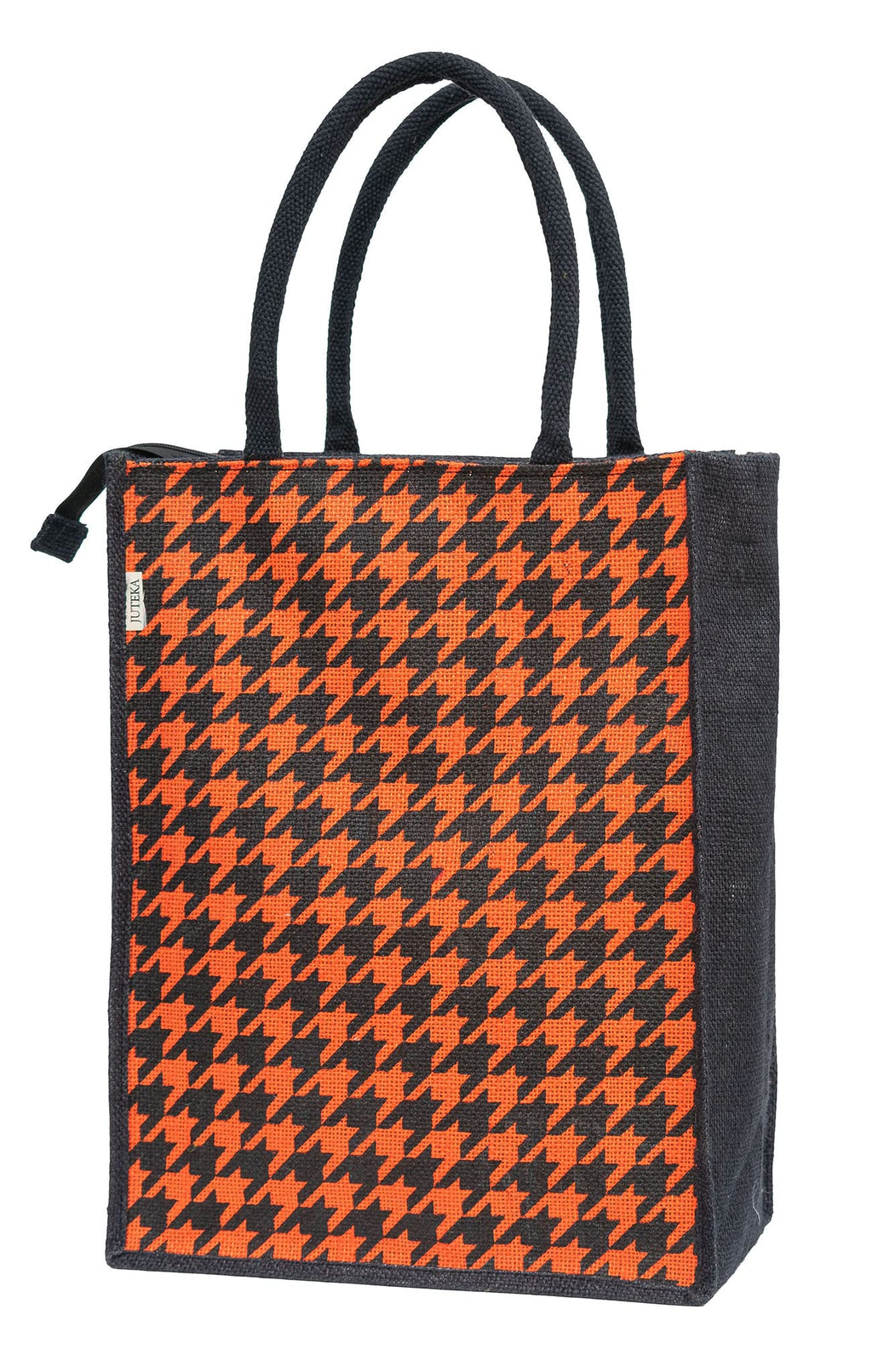 JUTEKA Orange Houndstooth Printed Jute Lunch Bag, Grocery Tote, Hand Bag, Picnic Bag for Men, Women, Girls, Kids with Zip