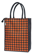 JUTEKA Orange Houndstooth Printed Jute Lunch Bag, Grocery Tote, Hand Bag, Picnic Bag for Men, Women, Girls, Kids with Zip
