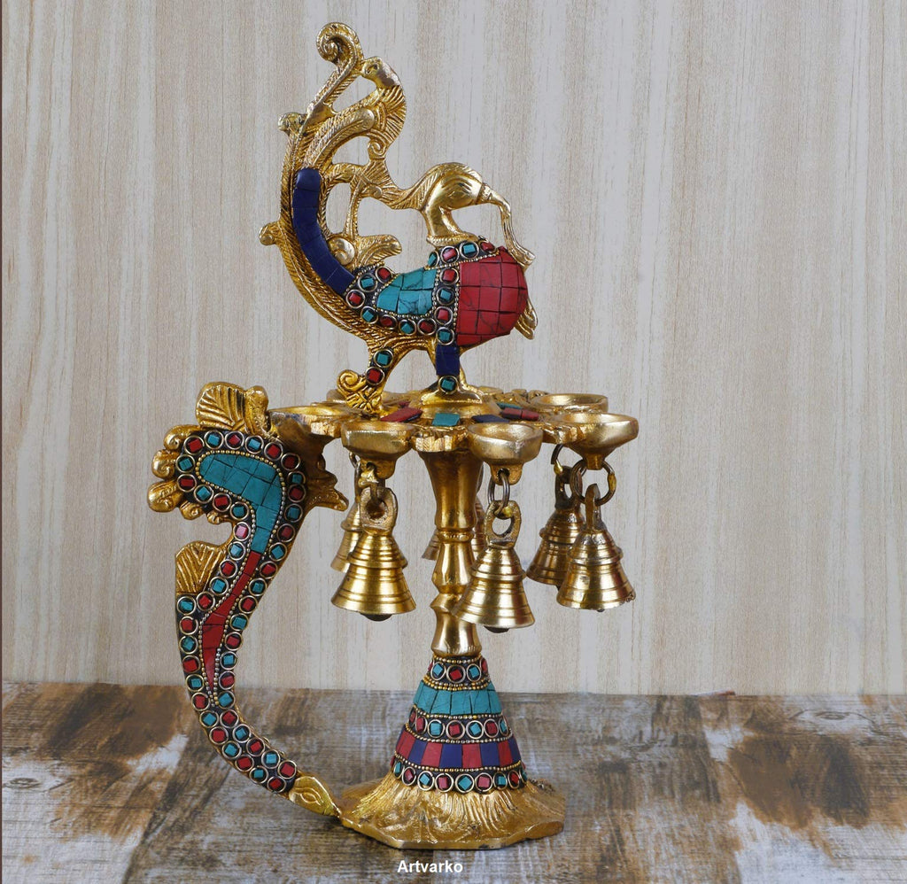 Artvarko 1 Feet Large Brass Peacock Design Multi Oil Wick Diya Lamp Pooja Home Decor Showpieces Diwali Gift.
