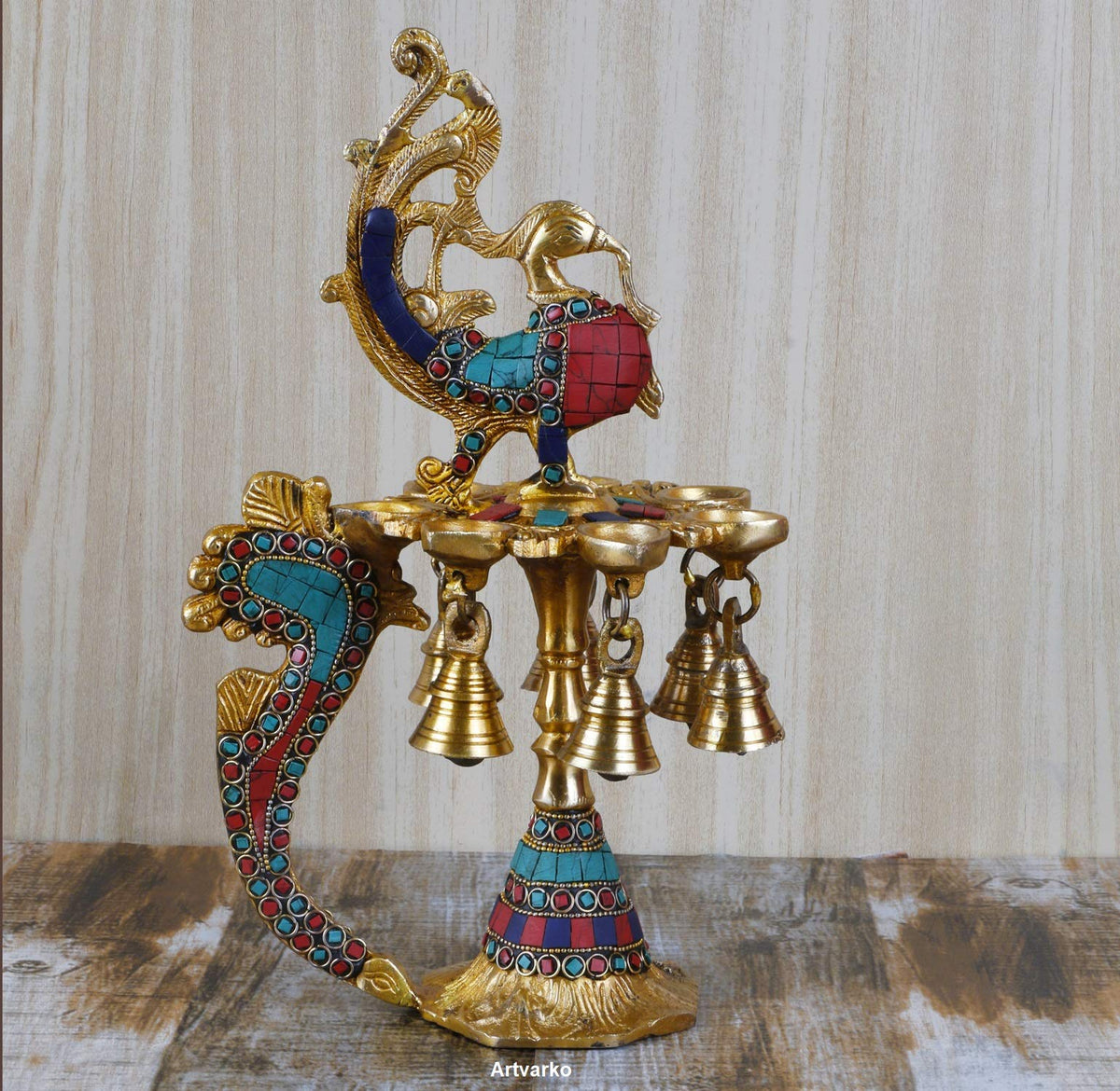 Artvarko 1 Feet Large Brass Peacock Design Multi Oil Wick Diya Lamp Pooja Home Decor Showpieces Diwali Gift.