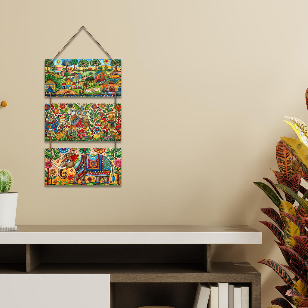 Artvibes Madhubani Village Life Decorative MDF Wooden Wall Art for Home | Living Room | Office | Cafe | Painting Wall Decor | Aesthetic Wooden Decor | Handcrafted Art | Ideal Gifts (WH_9443N)