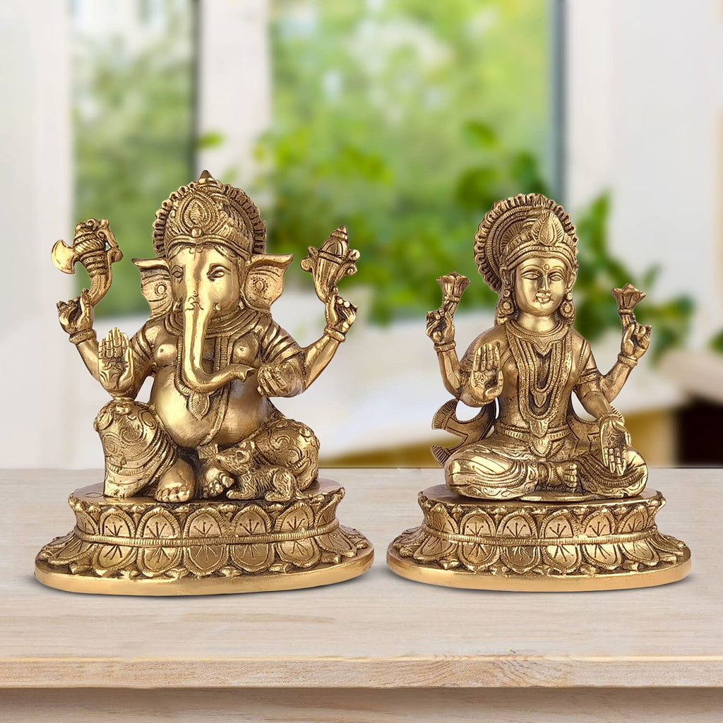ARTVARKO Brass Ganesha Laxmi Ganesh Lakshmi Bhagwan Luxmi Idol Sitting Statue for Home Office Success Entrance Décor Diwali Pooja Good Luck Gift (LxBxH 7x5x8.5 Inch)