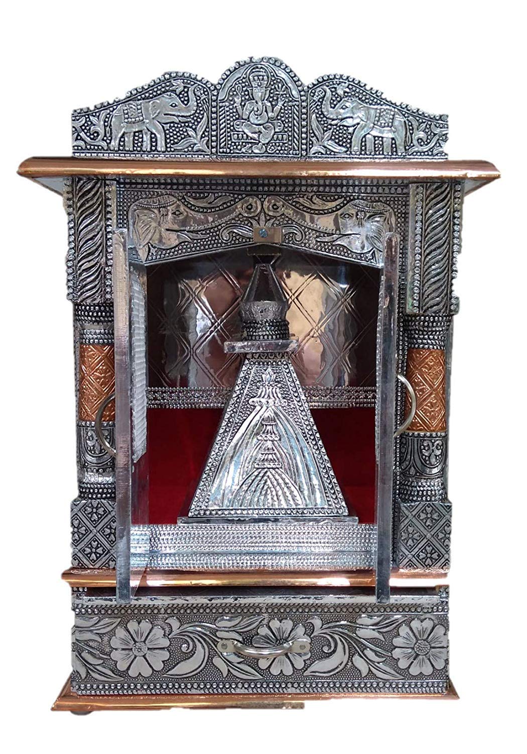 Bit-Chu Home Designs Aluminium & Copper Carving Oxidized Handcrafted Mandir/Ghar Mandir/Pooja Temple(Size: 24 x 6x 15 Inch) Silver & Bronze