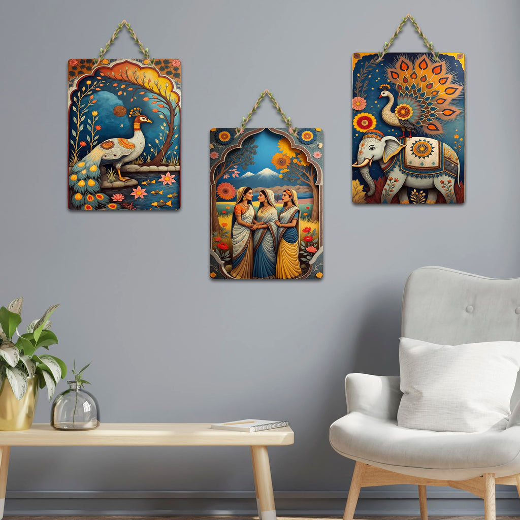 Artvibes Traditional Indian Nature Wall Art Hanging Wooden Art Decoration Item for Home | Office | Cafe | Graphic Artwork | Wall Art Print | Sceneries | Unique Gift Items (WH_96108N), Set of 3
