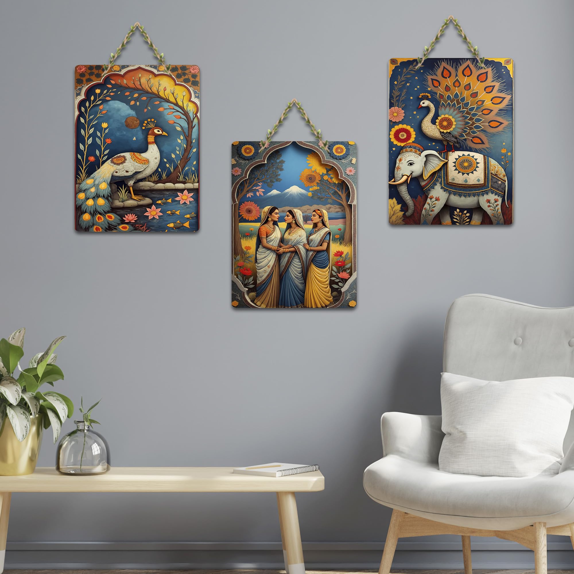 Artvibes Traditional Indian Nature Wall Art Hanging Wooden Art Decoration Item for Home | Office | Cafe | Graphic Artwork | Wall Art Print | Sceneries | Unique Gift Items (WH_96108N), Set of 3