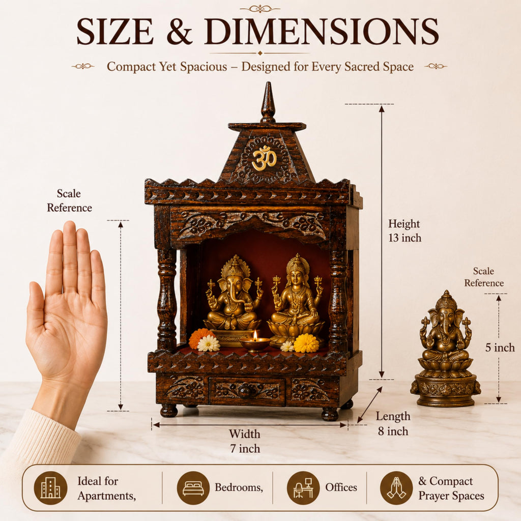 CraftVeda Wooden Temple for Home with Storage Drawer & Brass Bell | Handcrafted Pooja Mandir with OM Design | Wall Mount & Tabletop Hindu Devghar for Home, Office & Prayer Room | 13 x 8 x 7 Inch