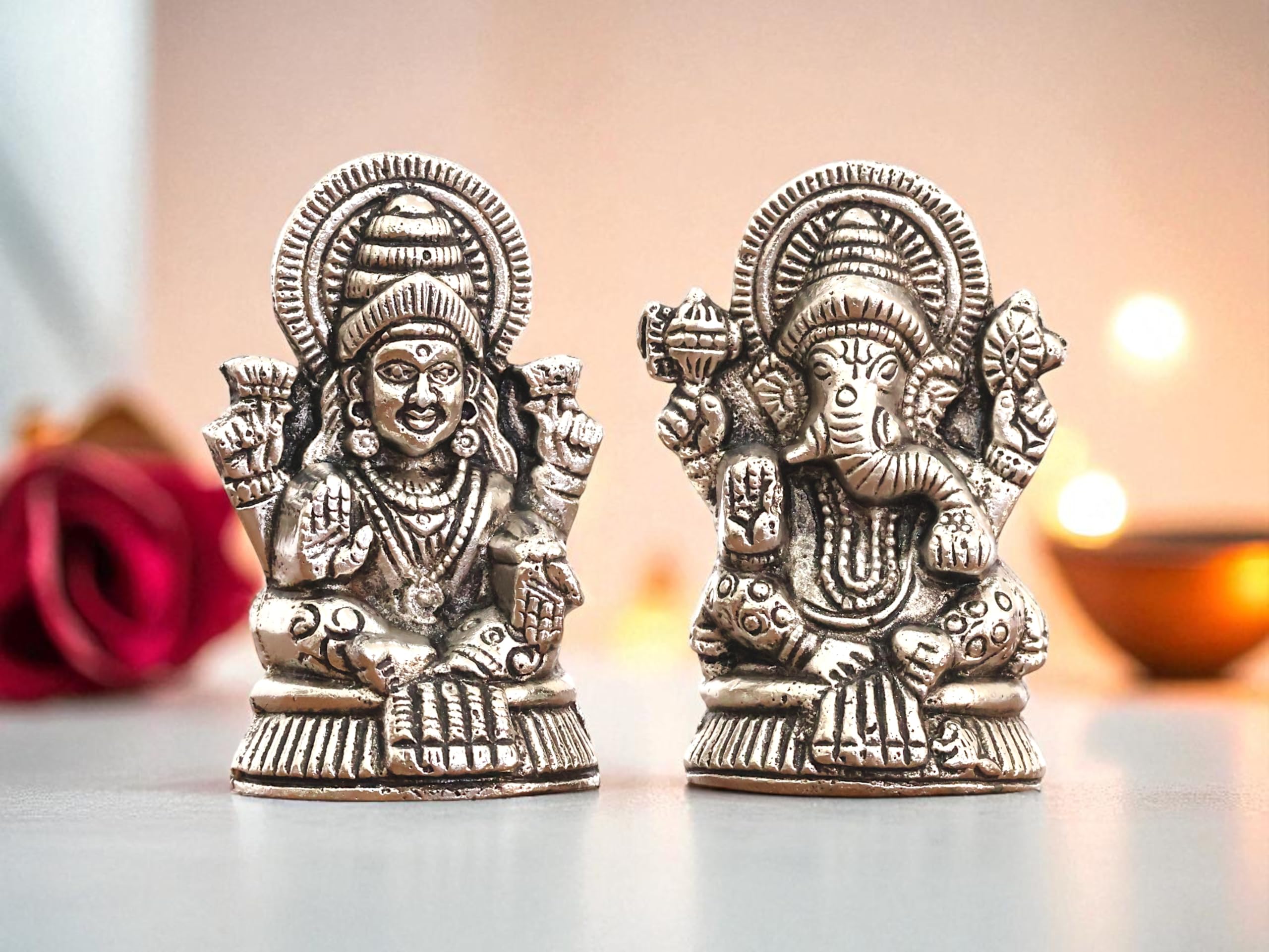 KridayKraft Metal Lakshmi & Ganesha Idol Pair – Silver Antique Finish Mini Statues (7.5 cm × 4 cm Each), 160 g – Auspicious Home Puja Decor & Diwali Gift