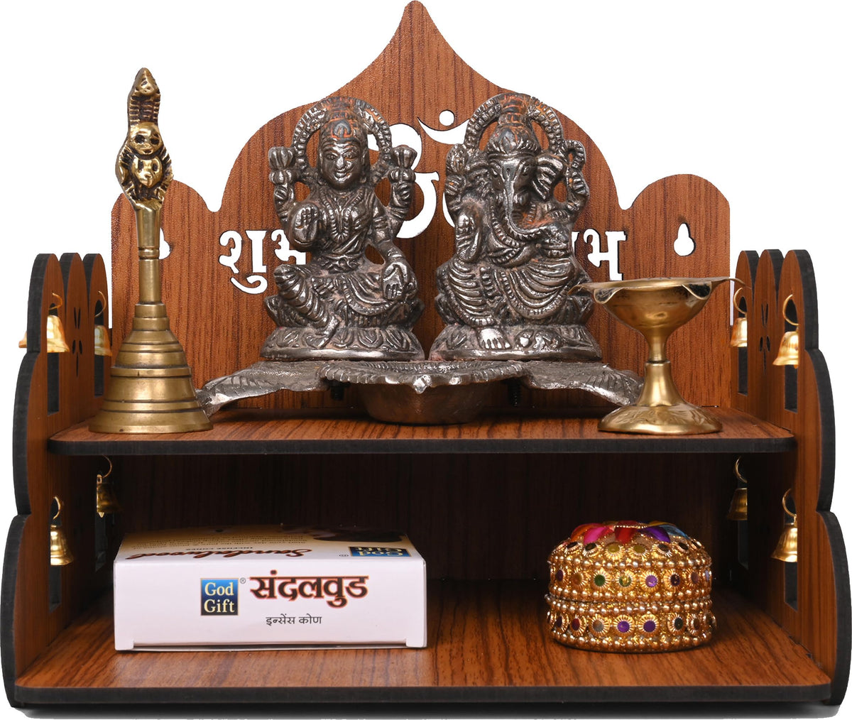 GOJEEVA KRAFT Engineered Wood Hand Crafted Carved Pattern Home Temple for Idols Temple for Home and Office I OM Devghar | Set Top Box Stand I Wooden Mandir (Pack of 1) (Medium)