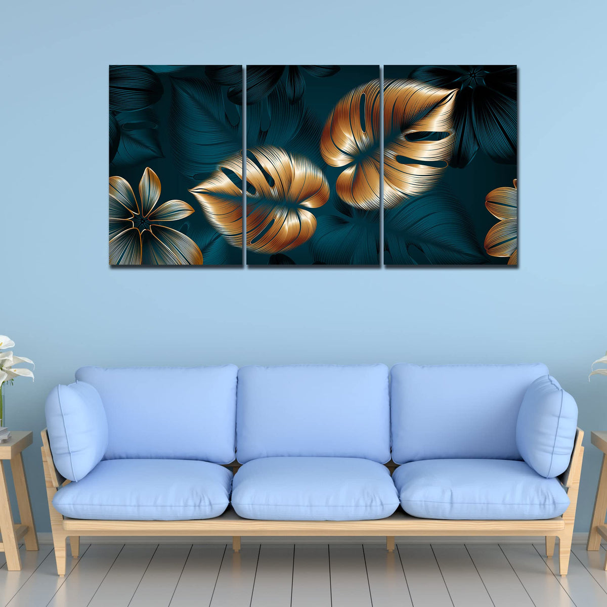 VIBECRAFTS 3 Pieces Beautiful Flower & Monstera Leaves Canvas Wall Painting Fitted With Wooden Frame For Home | Office | Living Room | Gifts(PTVC3Pcs3_11509)