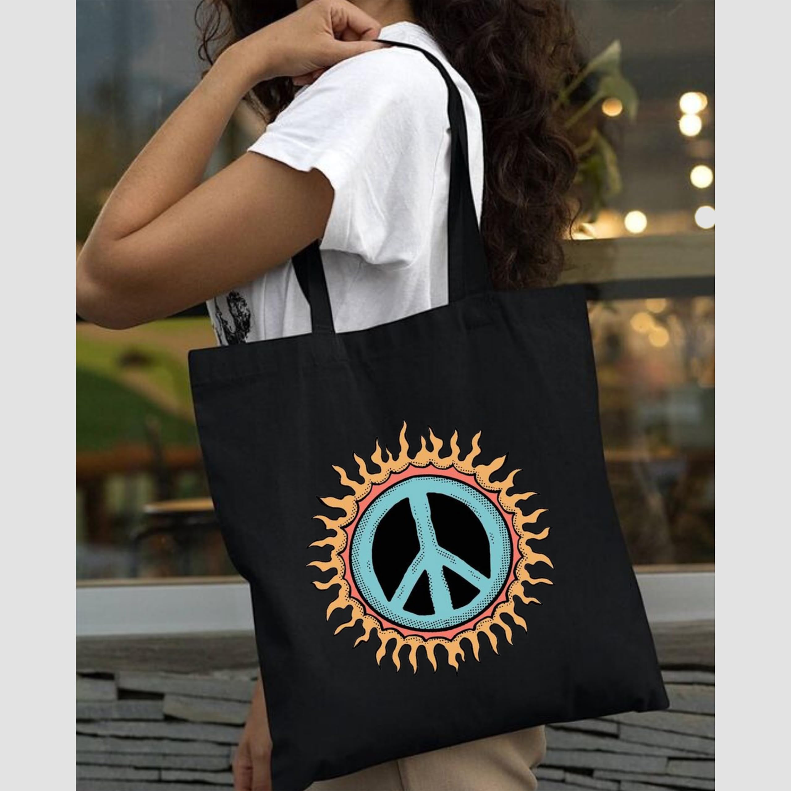 Peach Blossom Printed Cotton Zipper Tote Bags | CBAG - BLK-SUN BENZ