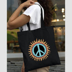 Peach Blossom Printed Cotton Zipper Tote Bags | CBAG - WHT-I M PEACE_BLK-SUN BENZ