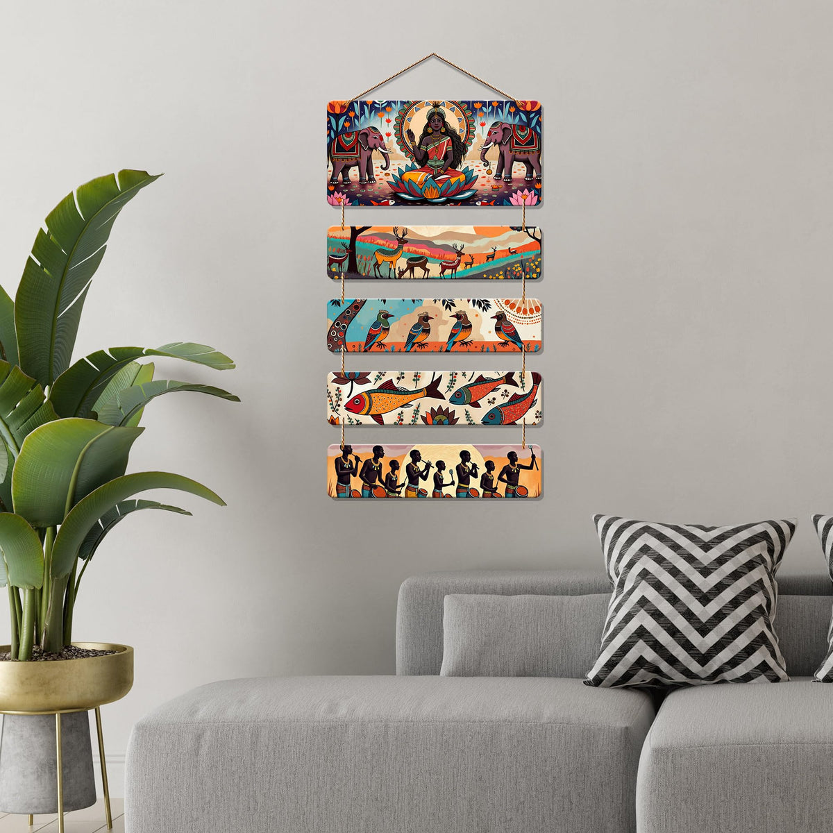 Artvibes Birds Fish & Deers Ethnic Tribal Village Folk Art Decorative Wall Hanging Ornaments | Garden Balcony| Stylish Modern Decor Item | Trendy Decor | Wall Illustrations | Gift Items (WH_6725N)