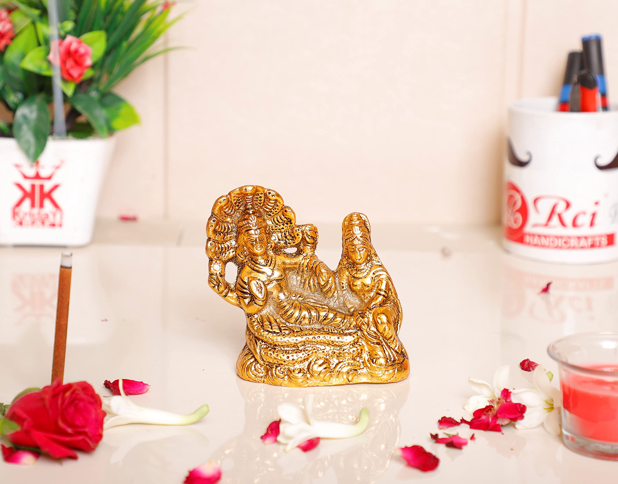 KridayKraft Gold Plated Laxmi Narayan on SheshNag Metal Statue for Pooja, Decoretive for Home,Office & Car Dashboard,Religious Idol