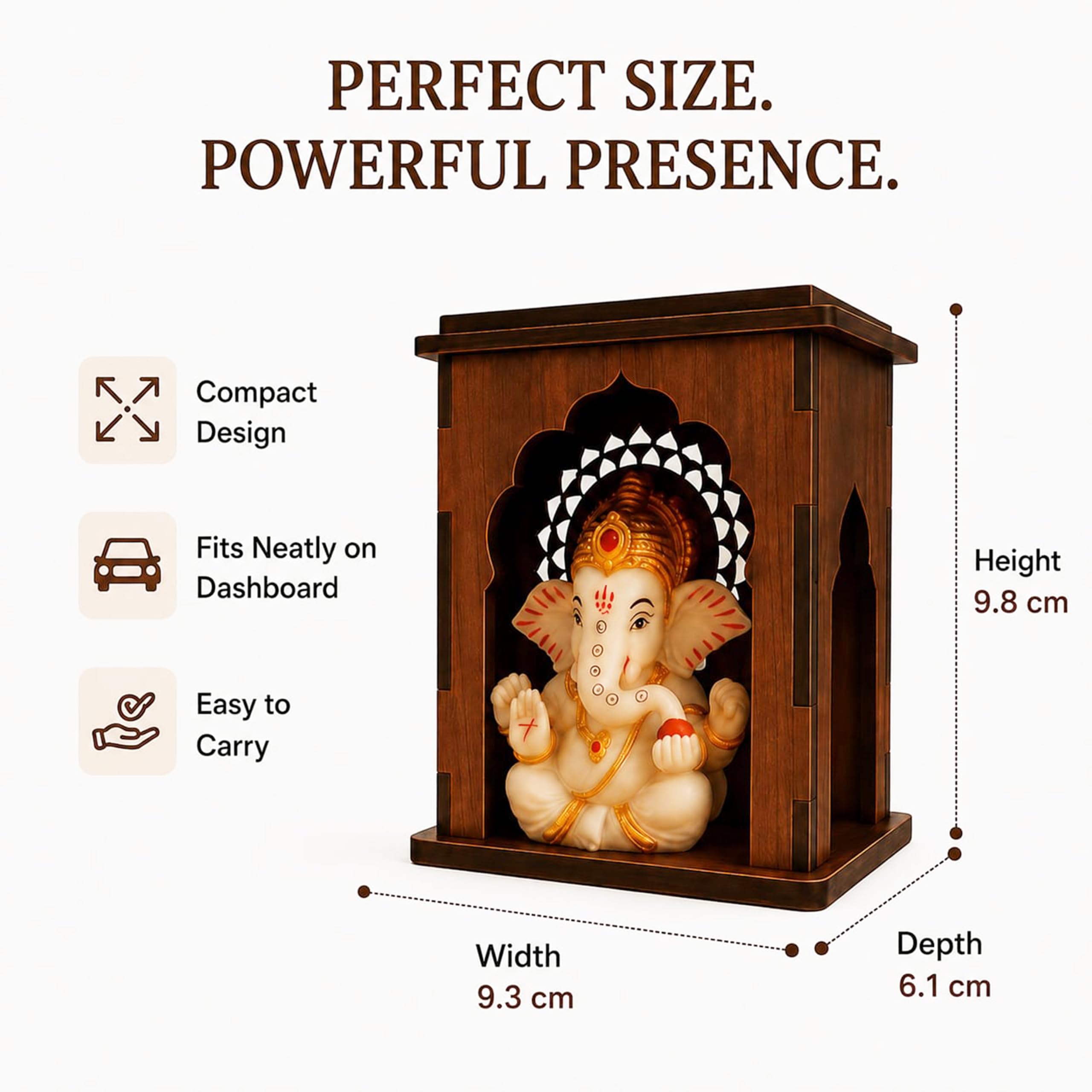 SWAGSTATION Wooden Car Dashboard Mandir with Ganpati Idol | Mini Temple for Car, Office Desk, Café & Home | Small Pooja Mandirs for Gifting & Tabletop Decoration (Mandir 1)