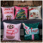 Vendola Decorative Merry Christmas Satin Cushion Cover 24 Inch x 24 Inch 5 Piece, Cusion Cover Sofa Pillow Cover Set for Home, Sofa & Living Room, Christmas Tree Print, Pink, 24X24 Inches