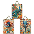 Artvibes Nature Harmony Artistic Elephant Floral Peacock & Rose Designer Wooden Wall Hanger for Home Decor | Wall Accent | Sceneries | Wall Poster | Graphic Artwork | Gift Items (WH_9639N), Set of 3