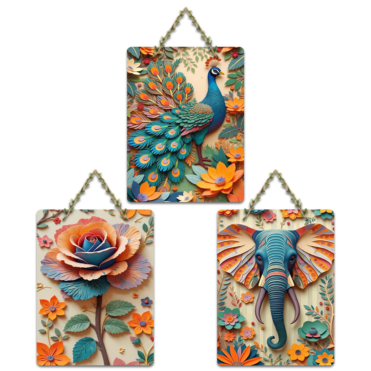 Artvibes Nature Harmony Artistic Elephant Floral Peacock & Rose Designer Wooden Wall Hanger for Home Decor | Wall Accent | Sceneries | Wall Poster | Graphic Artwork | Gift Items (WH_9639N), Set of 3