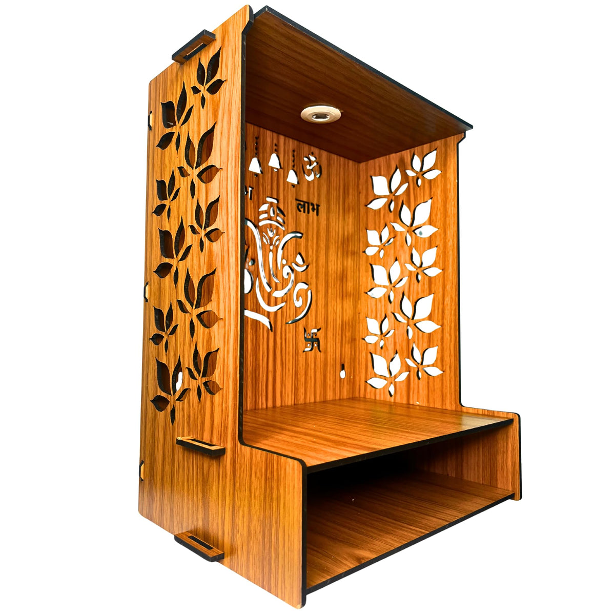 EHKO Shubh Labh Ganesh Mangal Beautiful Wooden Pooja Stand for Home, Temple, Office, Wall Mounted Puja Mandir with LED Spot Light, Size (H- 15.5, L- 11.5, W-11 Inch)