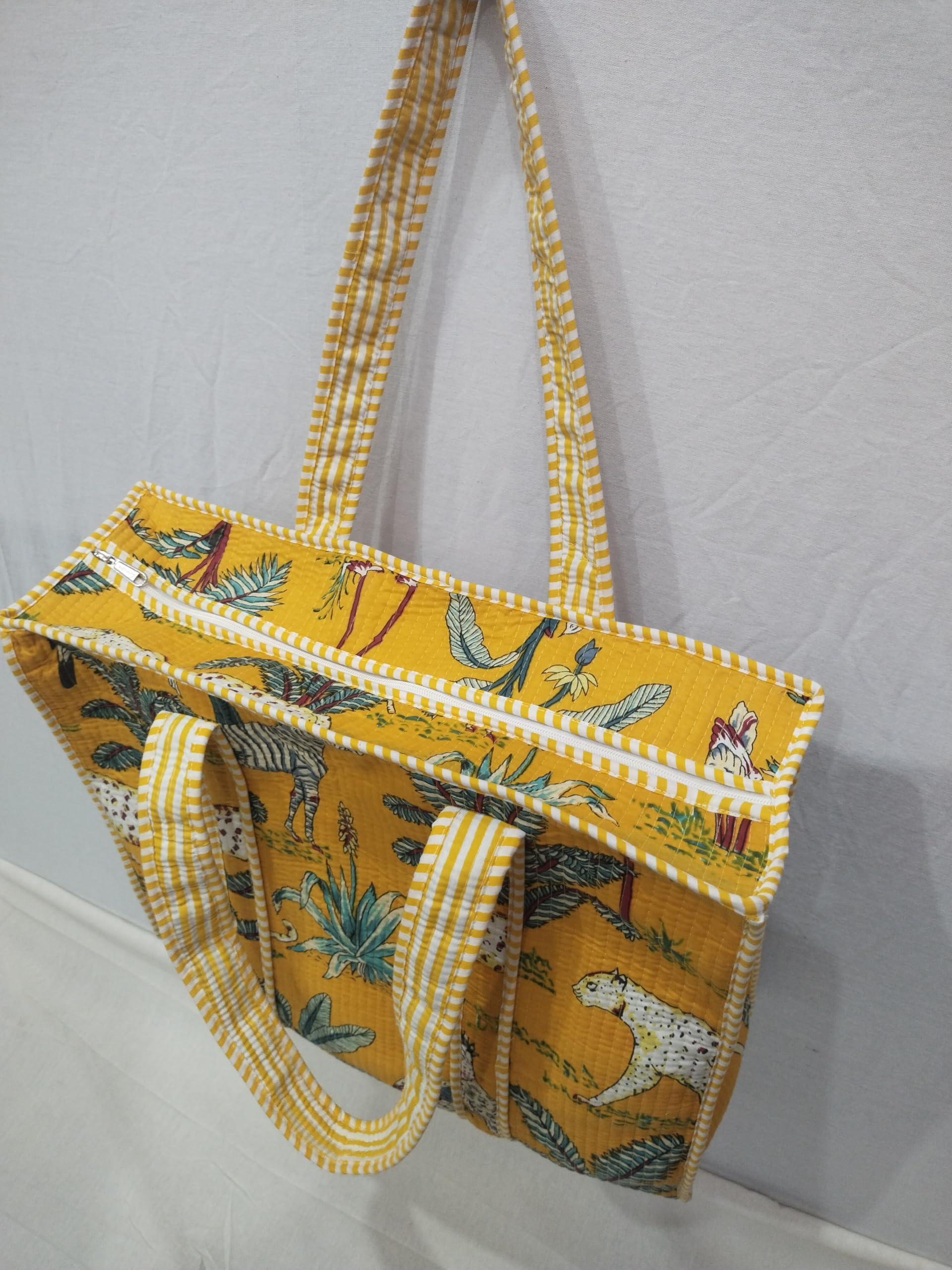 Doraya Cotton Printed Tote Bag,Hand Bag Multicolor Quilted Hand Block Floral Printed Women's Carry Bag Shoulder Shopping Tote Bags 18x5.5x16 Inch (Yellow 5)