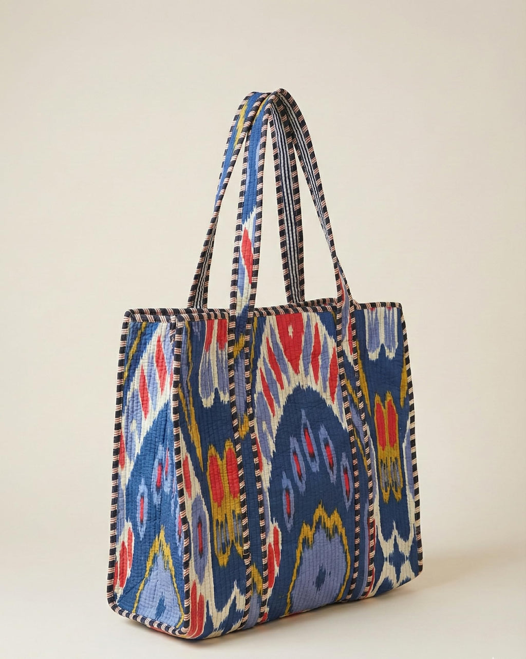 Premium Cotton Quilted Tote Bag for Women - Handcrafted Bag with Zipper, Large Capacity Multicolor Handbag (Available in Multiple Prints) (Indigo, Mustard, Blue and Crimson)