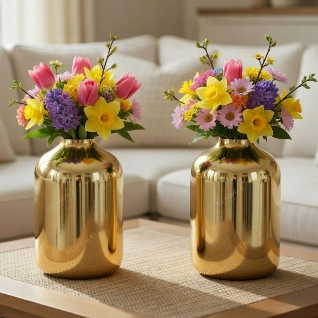 BEHOMA Metal Flower Vase Set of 2, Gold