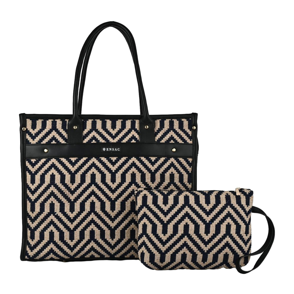 ENSAC Tote Bag with Ethnic Prints – Canvas Handbag with Zip Pouch, Stylish Laptop Tote for Office, College & Everyday Use
