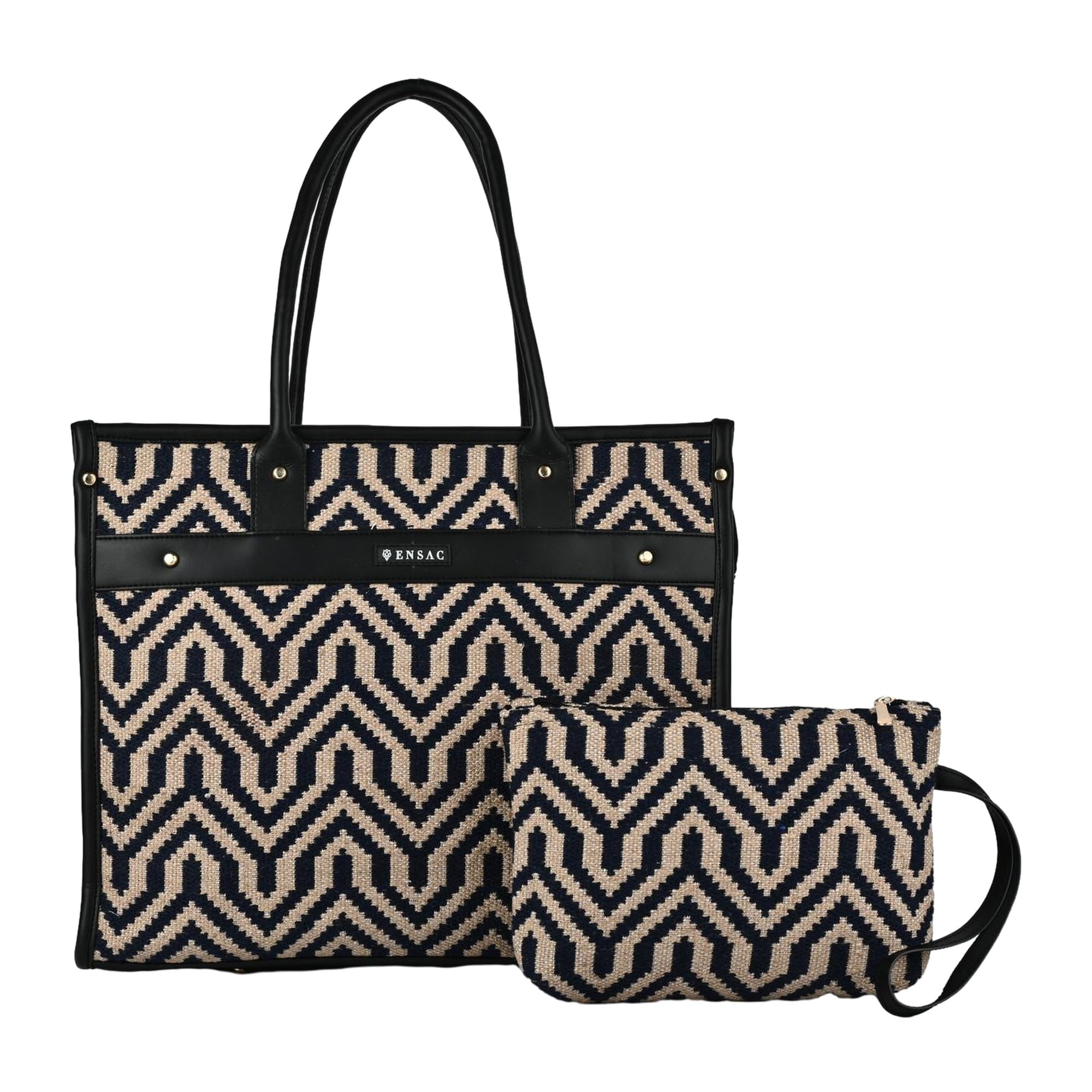 ENSAC Tote Bag with Ethnic Prints – Canvas Handbag with Zip Pouch, Stylish Laptop Tote for Office, College & Everyday Use