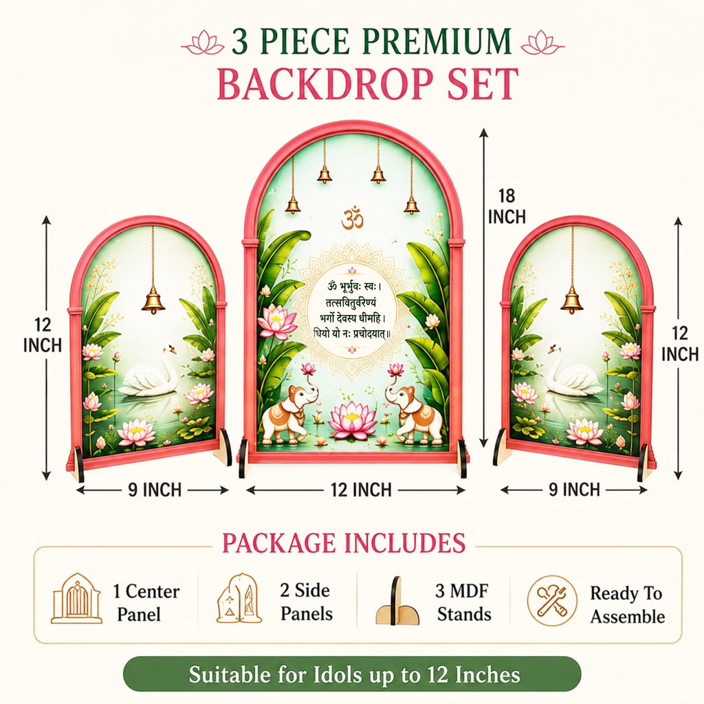 Ganpati Decoration Setup for Home, 3 Piece Freestanding Ganesh Festival Backdrop for Idol, Easy DIY Pooja Mandap Decor, Suitable for up to 12 Inches Ganpati Backdrop Stand & Home Temple
