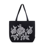 SKAPADORO Canvas Big Zip Handbag Tote,100% Cotton, Inner pocket, Unisex Embroidered Comfortable Bag for Travel Office Beach Shopping, Easy to Wash Trendy Everyday Shoulder Bag (Flowers)