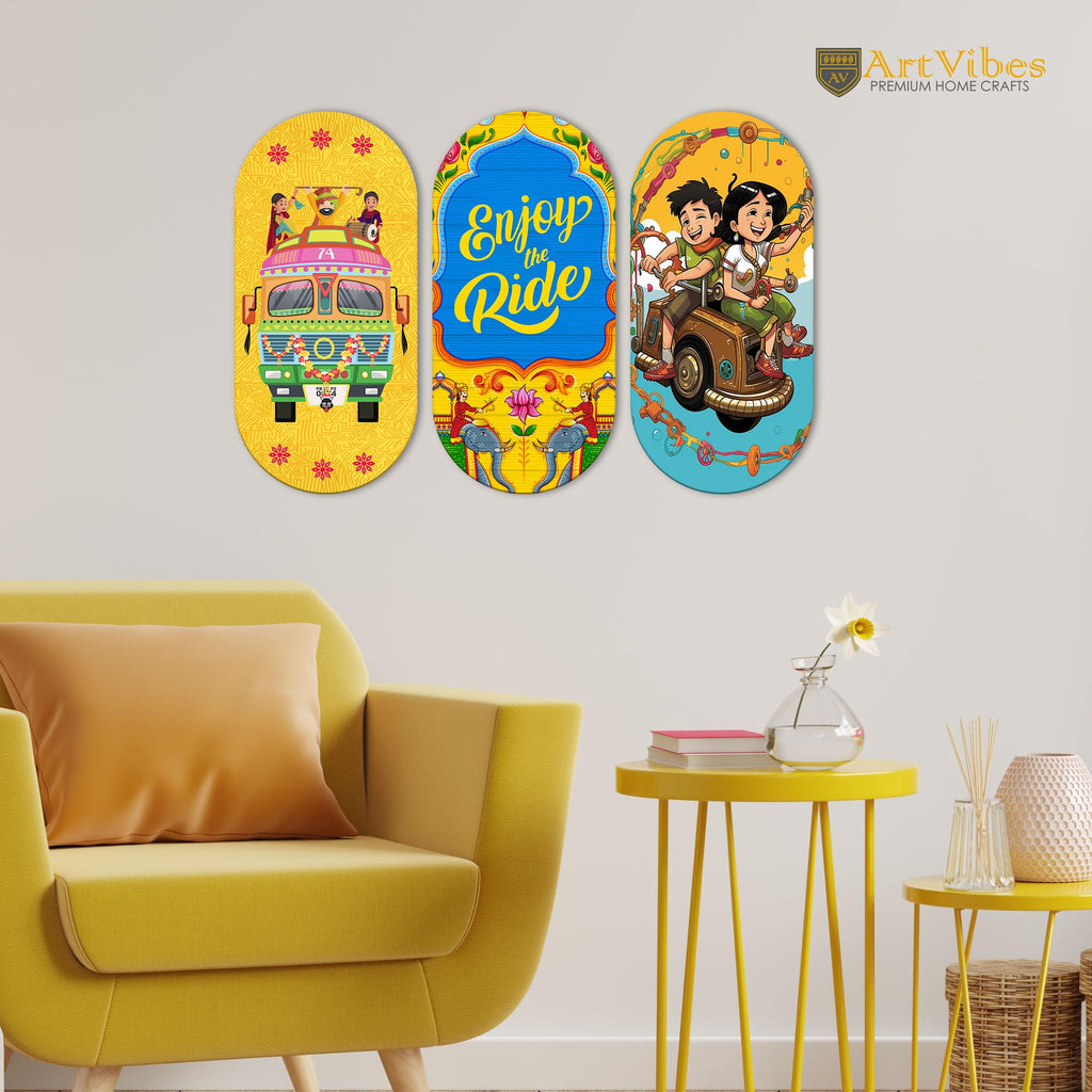 Artvibes Enjoy The Ride Travel Quote Printed Wooden Wall Hanging MDf Wall Art | Quotes Decor Item for Office | Traveller Quotes Wall Art | Wall Poster | Home Decor | Unique Gift (WH_9015N), Set of 3