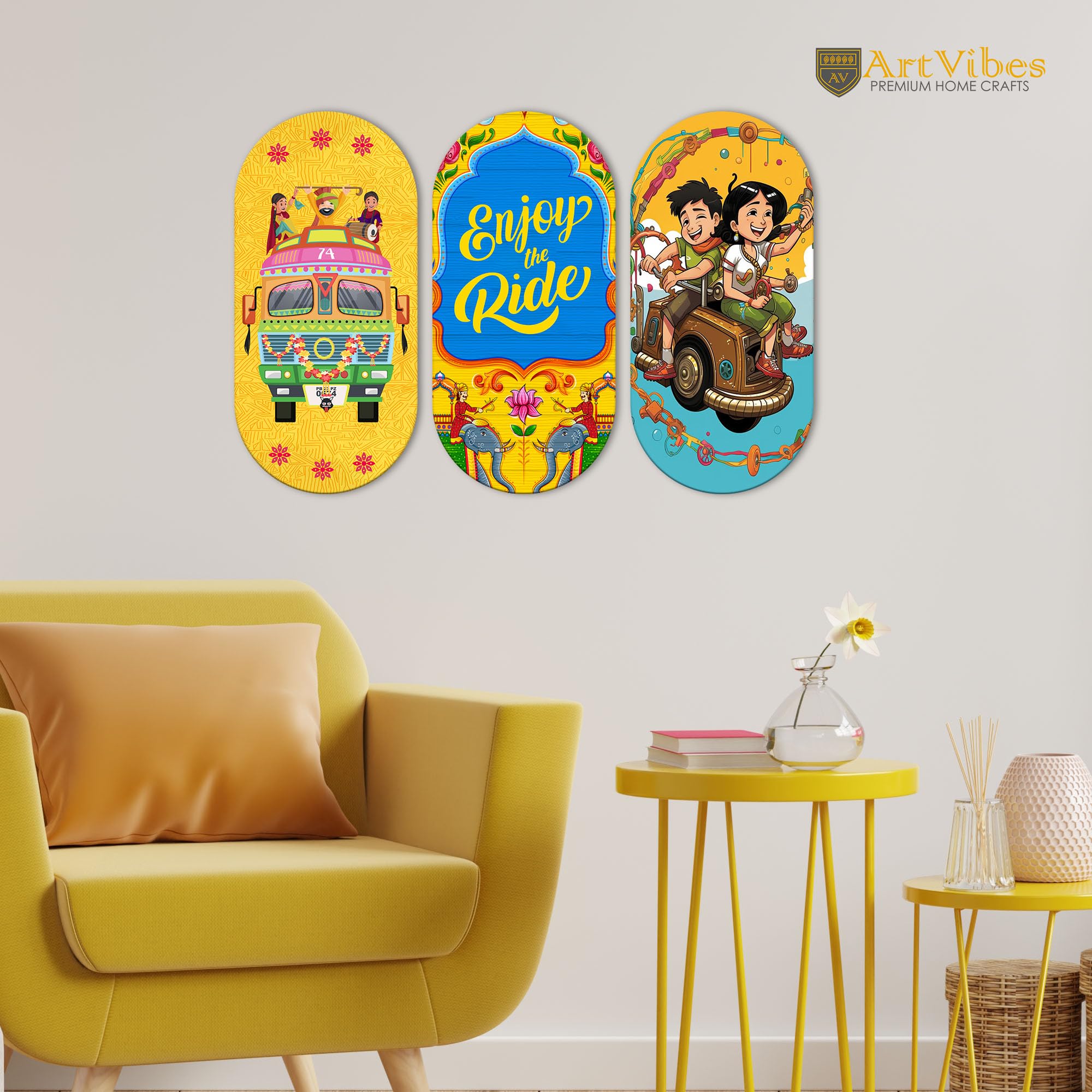 Artvibes Enjoy The Ride Travel Quote Printed Wooden Wall Hanging MDf Wall Art | Quotes Decor Item for Office | Traveller Quotes Wall Art | Wall Poster | Home Decor | Unique Gift (WH_9015N), Set of 3