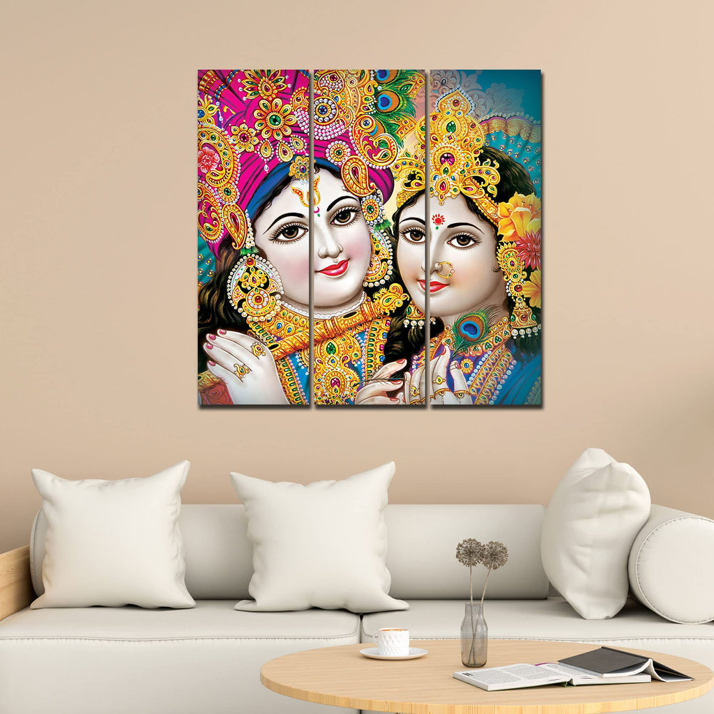 VIBECRAFTS 3 Pieces Beautiful Radha Krishna Canvas Wall Painting Fitted With Wooden Frame For Home | Office | Living Room | Gifts (PTVC3Pcs1_9540)