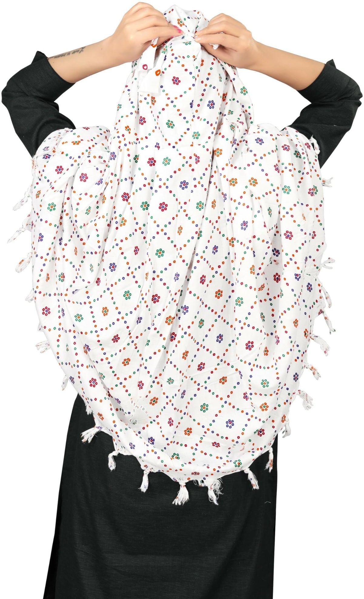 Sclout Cotton Breathable Sun Protection Scarf Cum Mask Usable for vehicle Driver | White Printed Design | Universal Size | For Girl & Women | Light Weight (Patodu)