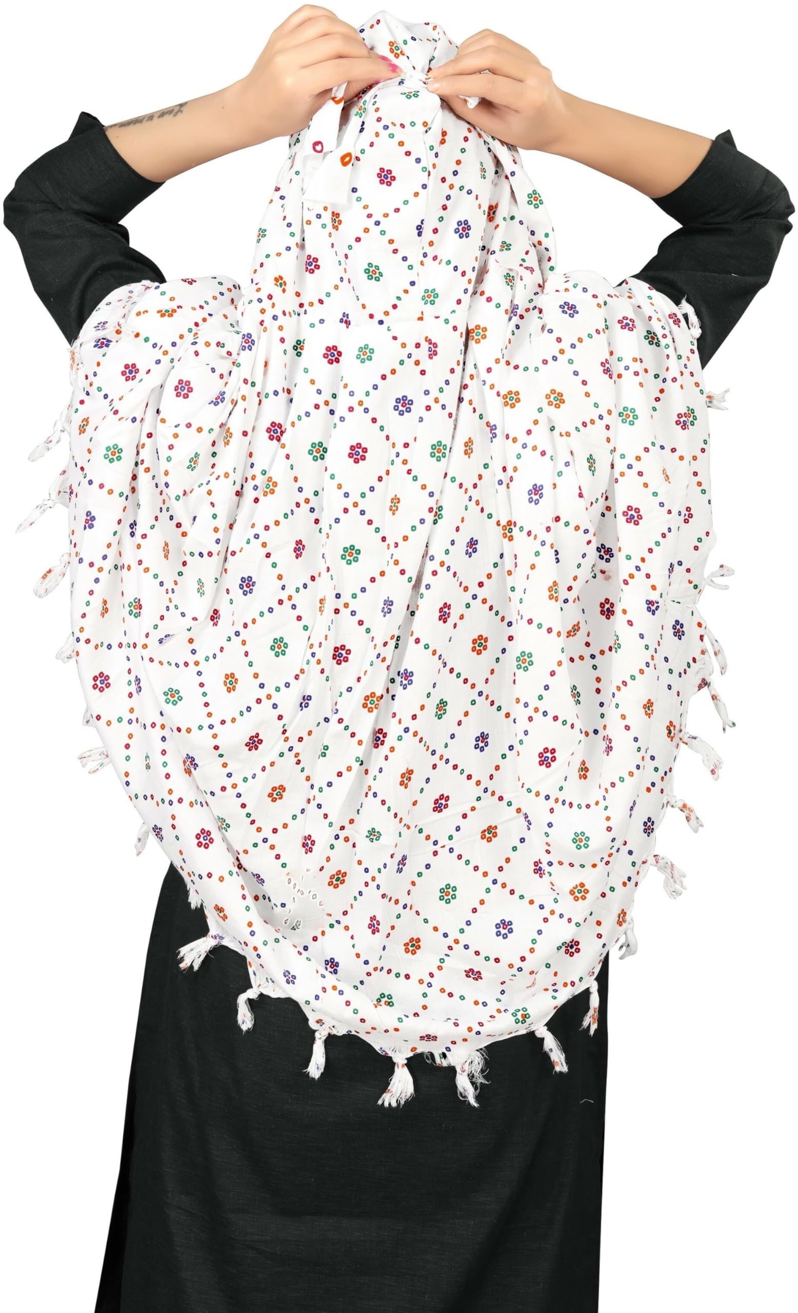 Sclout Soft Cotton Breathable Sun Protection Scarf Dupatta Usable for vehicle Driver | White Printed Design Stoles | Universal Size | For Girl & Women | Light Weight (Scarf - Patodu)