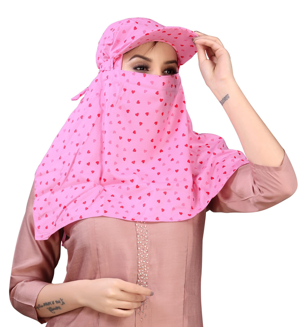 7 season's Cotton Short Scarf Cum Mask Universal Size/Usable for vehicle Driver for sunlight UV protection/Pink Printed Design (Cap_Pink Heart, Free)