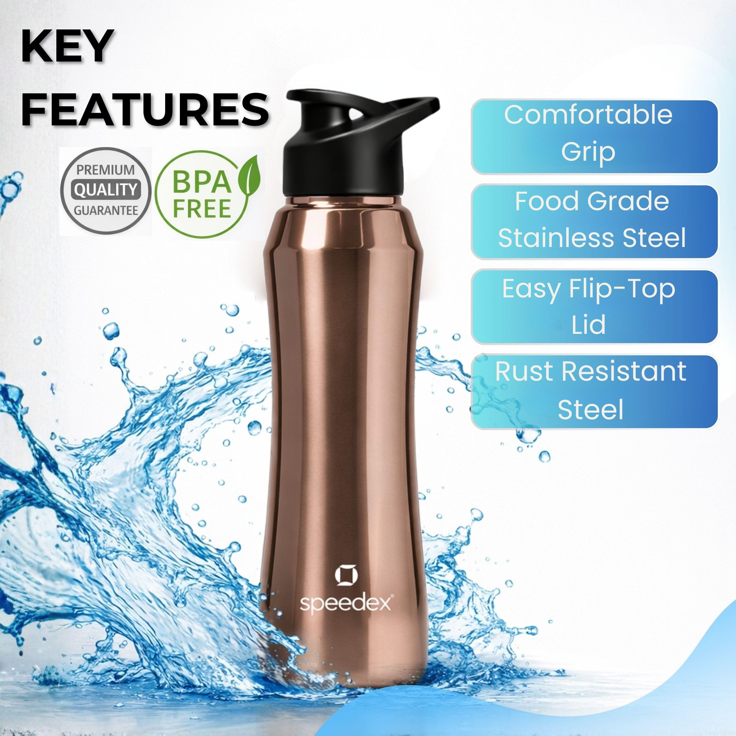 Speedex Stainless Steel Water Bottle 1 Ltr, 1000 ml Metal Bottle For Daily, Office, School, Gym, Travel Use for Men, Women, Kids, Adults-Leak Proof Sipper Cap, BIS Approved, Copper Gold, Set of 4