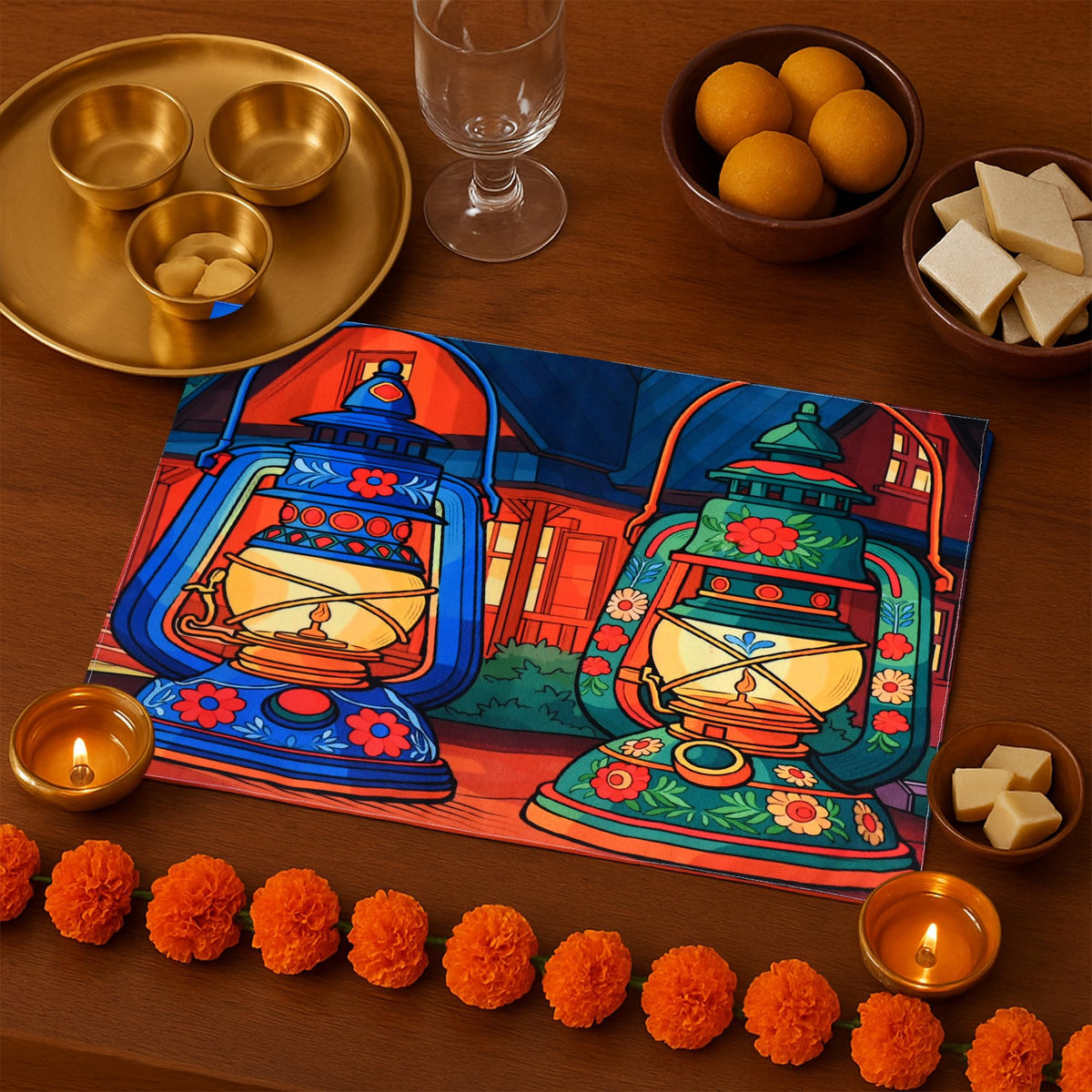 PRAKARTIK BY INDUARTS Dining Table Mats Set of 6 - Lamp Diwali Theme,Digital Print, Washable, Indoor/Outdoor, Heat-Proof, Water Resistant, Wipe & Clean (47X33 cm) Green & Blue Kafalo