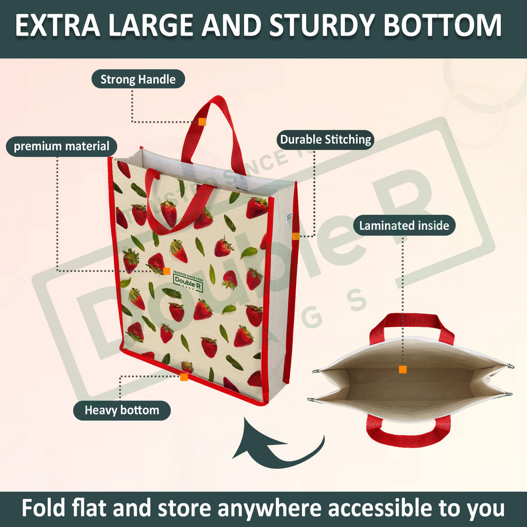 DOUBLE R BAGS Unisex Big Eco Cotton Canvas Shopping Bag for Grocery, Milk, Fruits & Vegetables | Reusable Tote with Reinforced Handles | Strawberry Print, 34x9.5x39.5 cm, 1 Compartment (Pack of 6)
