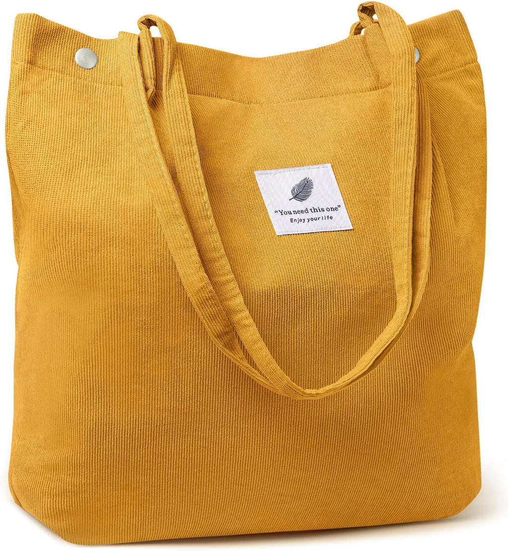 Street27 Korean Canvas Corduroy Tote Bag Casual Work Shoulder Handbags, Multi-Purpose Bag, Sturdy Canvas Bag With Large Capacity, Shopping Bag For Office, College & Daily Use (Yellow, Womens)