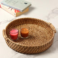 Habere India-All the Cultures Fabricating India Bamboo Serving Tray | Serveware for Dining Table | Rattan Tea Tray | Wooden Trays for Decoration - Round, Brown (Dia-31 x H8 cm)