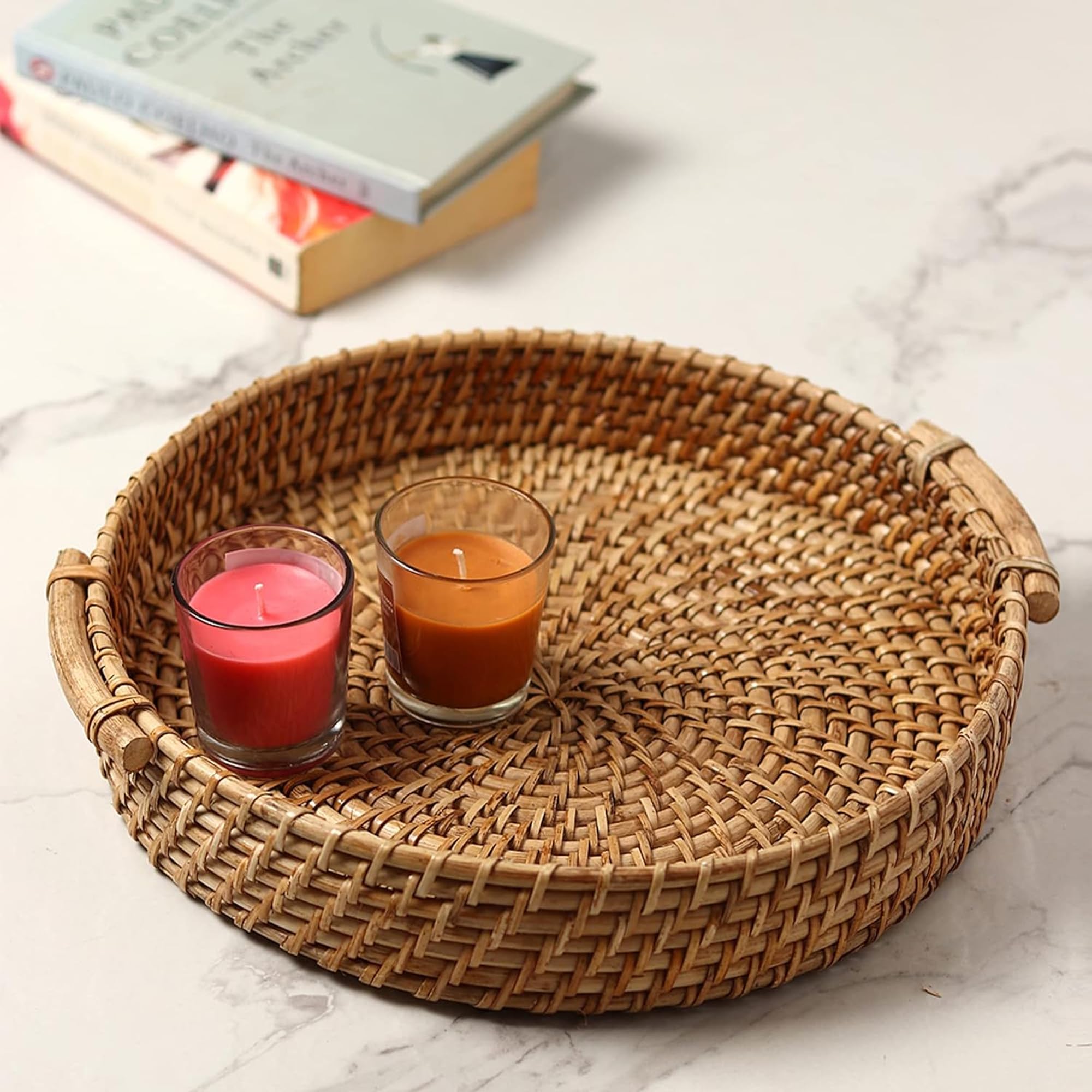 Habere India-All the Cultures Fabricating India Bamboo Serving Tray | Serveware for Dining Table | Rattan Tea Tray | Wooden Trays for Decoration - Round, Brown (Dia-31 x H8 cm)