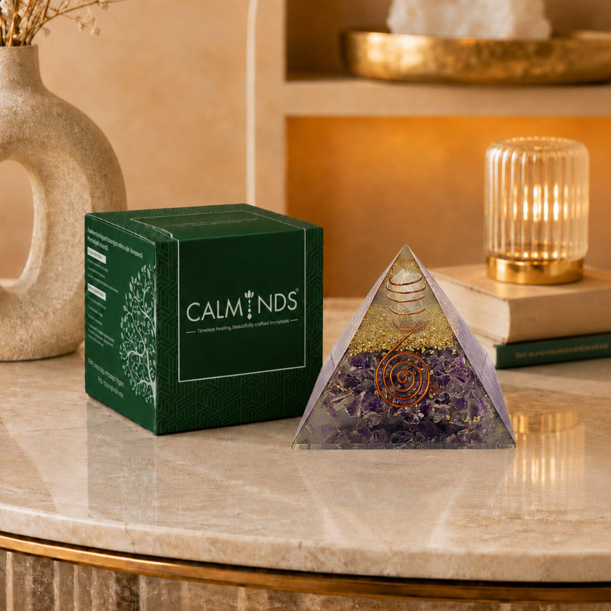 CALMINDS Amethyst Orgonite Pyramid for Stress Relief & Healing | Crystal Pyramid for Positive Energy, Chakra Balancing & Meditation | Vastu, Feng Shui, Home Office Decor