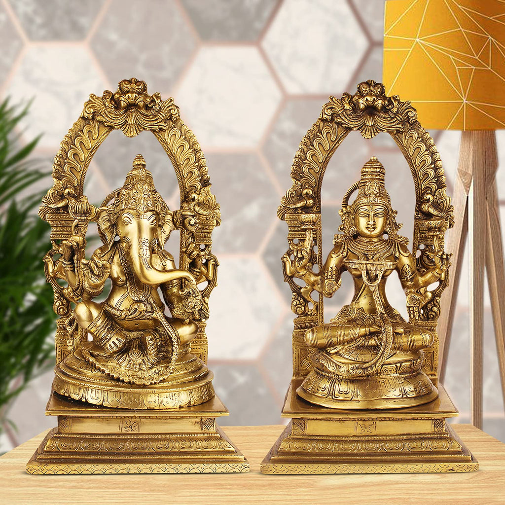 ARTVARKO Brass Ganesha Laxmi Ganesh Lakshmi Bhagwan Luxmi Idol Sitting on Singhasana Statue for Home Office Success Entrance Décor 17 Inch.