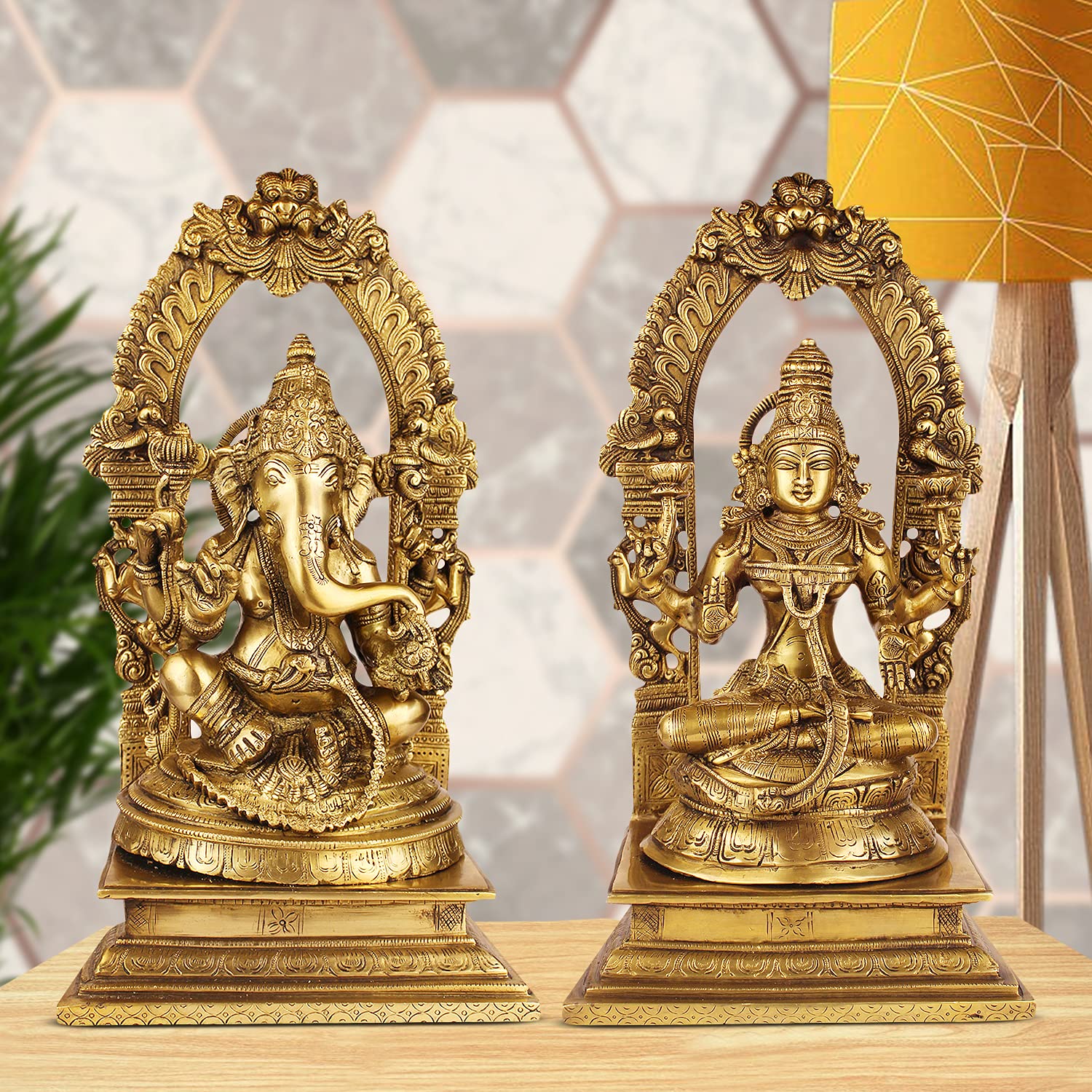 ARTVARKO Brass Ganesha Laxmi Ganesh Lakshmi Bhagwan Luxmi Idol Sitting on Singhasana Statue for Home Office Success Entrance Décor 17 Inch.