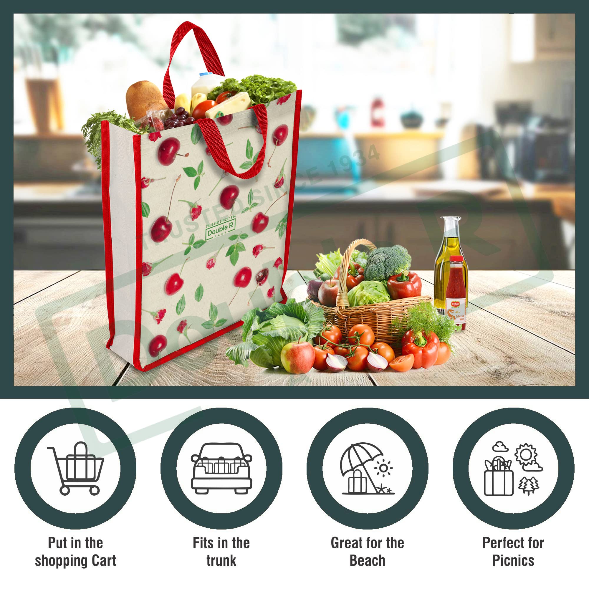 DOUBLE R BAGS Unisex Big Eco Cotton Canvas Shopping Bag for Grocery, Milk, Fruits & Vegetables | Reusable Jhola Tote with Reinforced Handles | Multi Print, 34x9.5x39.5 cm, 1 Compartment (Pack of 4)